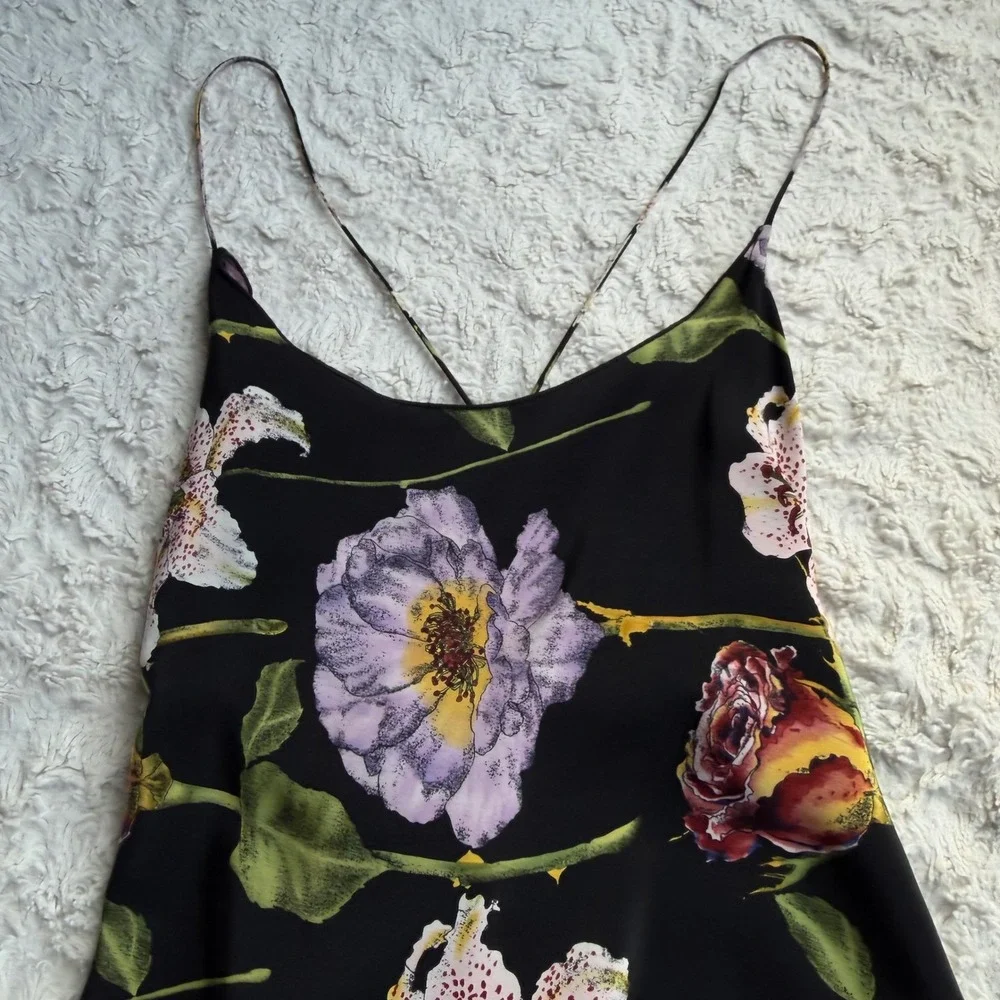 Nicole Miller Silk Floral Slip Dress Black Y2K Vintage Open Tie Back Small 4